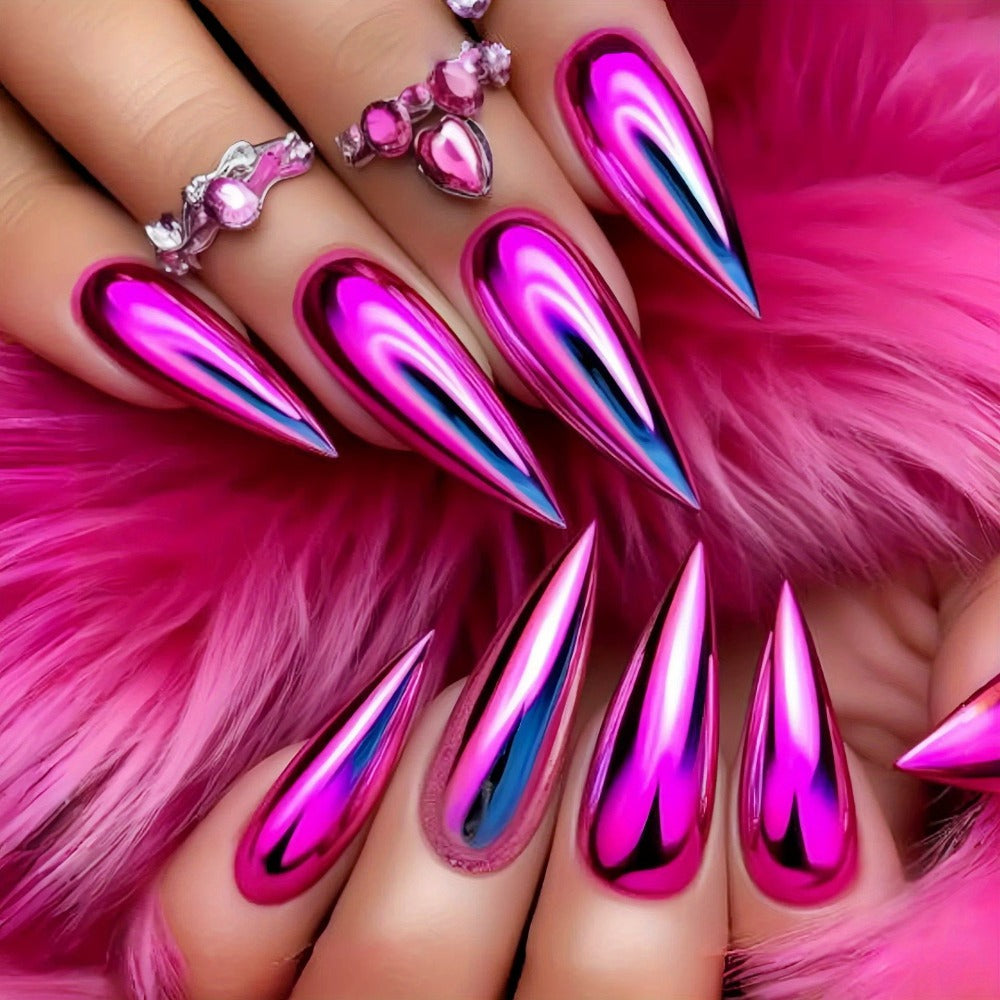 Press On Nails 216-Piece Almond Pointed Nine-Pack Set with Purple Pink Silver Gold Styles and Glue