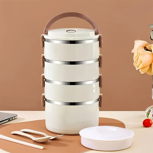 Four-Layer Lunch Box Set, Stackable Stainless Steel Meal Containers with Carry Bag and Cutlery