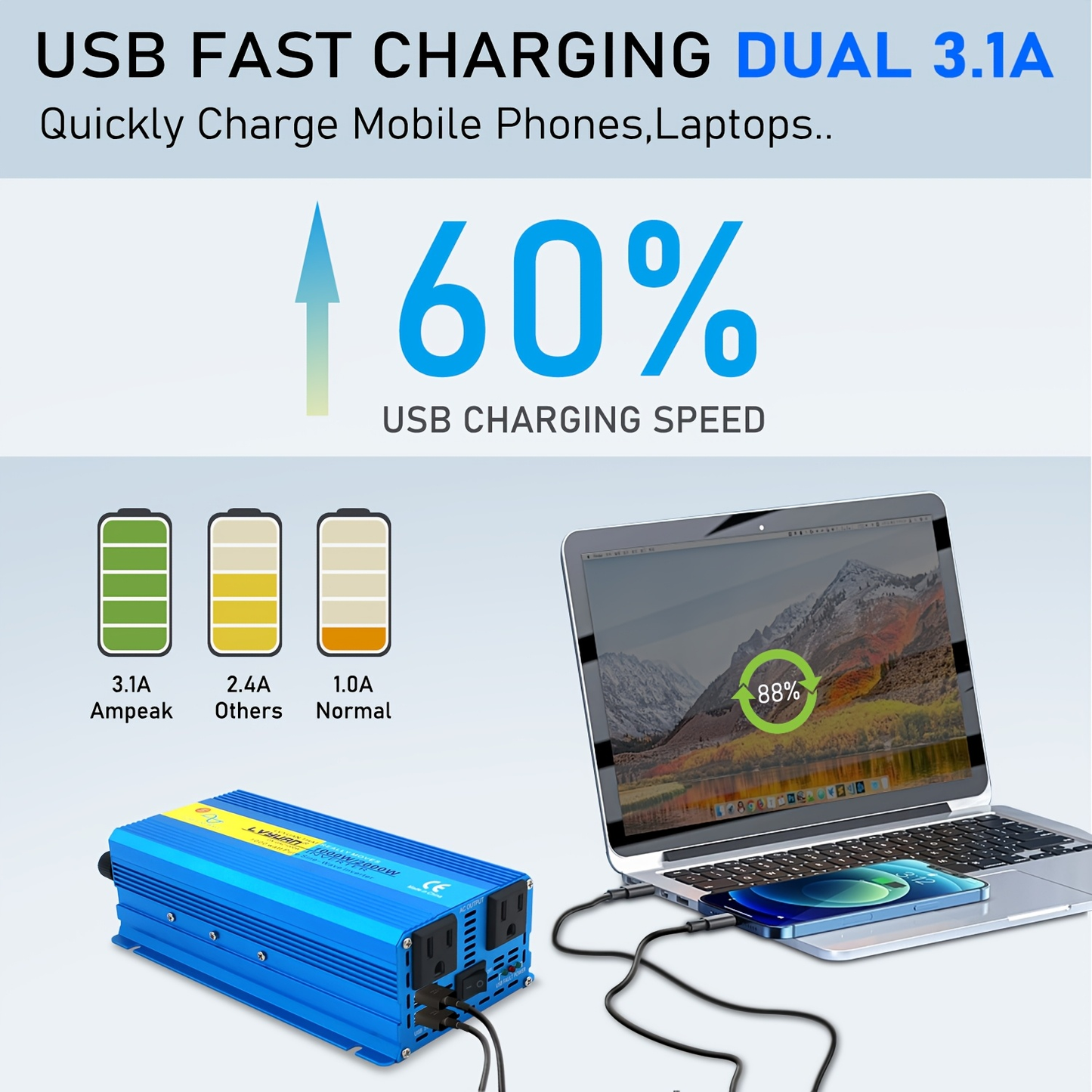 Blue 12V or 24V DC to 110V AC Power Inverter with 2000W Checkout Labels, USB Port and Battery Cables