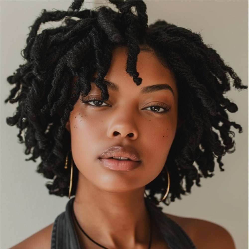 Synthetic Wig 12-Inch Goddess Faux Locs Headband Style with Curly Ends in Three Colors for Festivals