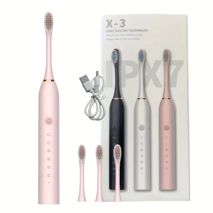 Sonic Electric Toothbrush with 6 Modes & Smart Timer – USB Rechargeable, Soft Bristles for Sensitive Gums, Whitening Oral Care for Men & Women, Black White Pink
