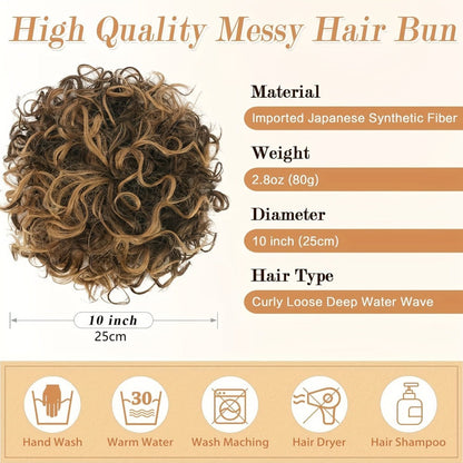 Drawstring Messy Bun Hair Extension 80g Curly Ponytail Voluminous Loose Bun Hairpiece for Women Thinning Hair Natural Look Black Brown Burgundy Ombre 10 Inch