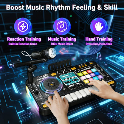 Kids DJ Mixer Toy Set with LED Lights, Microphone & Piano Keys, 100+ Sound Effects, Disco Mode, Rechargeable, Interactive Music Toy for Boys & Girls, Birthday Christmas Gift for Children Ages 3+, Black
