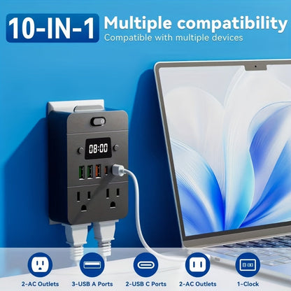 Power Strip 9-in-1 Desktop Station with LED Lamp, Digital Clock, 4 AC Outlets, 3 USB-A and 2 USB-C Ports