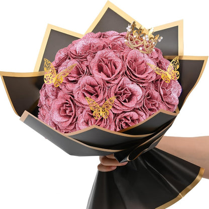 Glitter Roses Bouquet 24/36pcs - Everlasting Artificial Roses with Sparkling Glitter Petals for Valentine's Day, Wedding & Anniversary