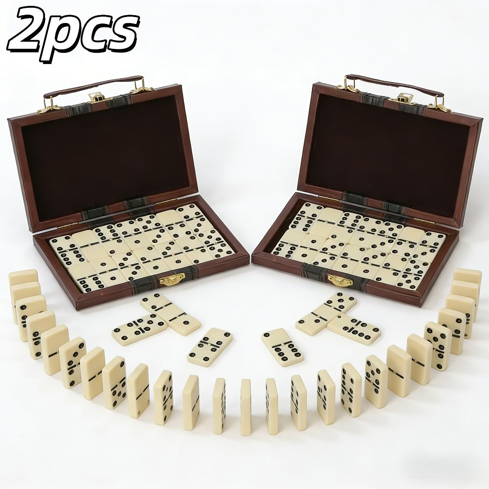 Double-Six Domino Set with 28 Ivory-Style Tiles, Metal Spinners and Brown Storage Case in One or Two Packs