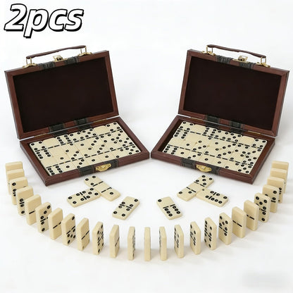Double-Six Domino Set with 28 Ivory-Style Tiles, Metal Spinners and Brown Storage Case in One or Two Packs