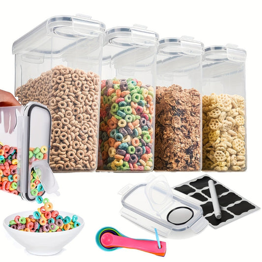 Food Storage Containers Four-Piece Clear Cereal Canister Set with Clip-On Lids and 4-Liter Capacity Each