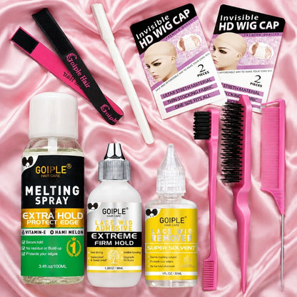 Lace Wig Glue Kit 10pcs Complete Set with Lace Melting Spray Liquid Adhesive Remover Strong Hold Quick Dry for Beginners | Lace Front Full Lace Wig Fixing Tools