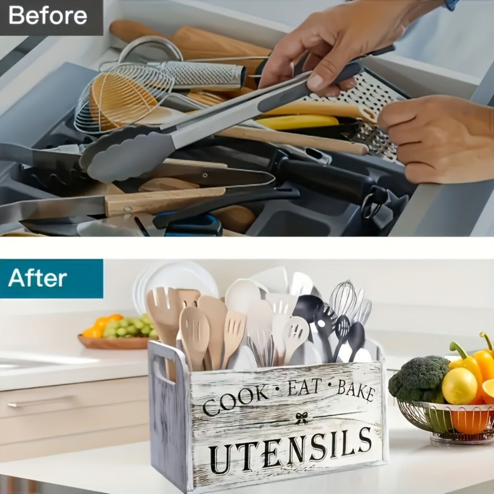 Three-Compartment Rustic-Look Kitchen Utensil Organizer in Grey White with Removable Top Panel