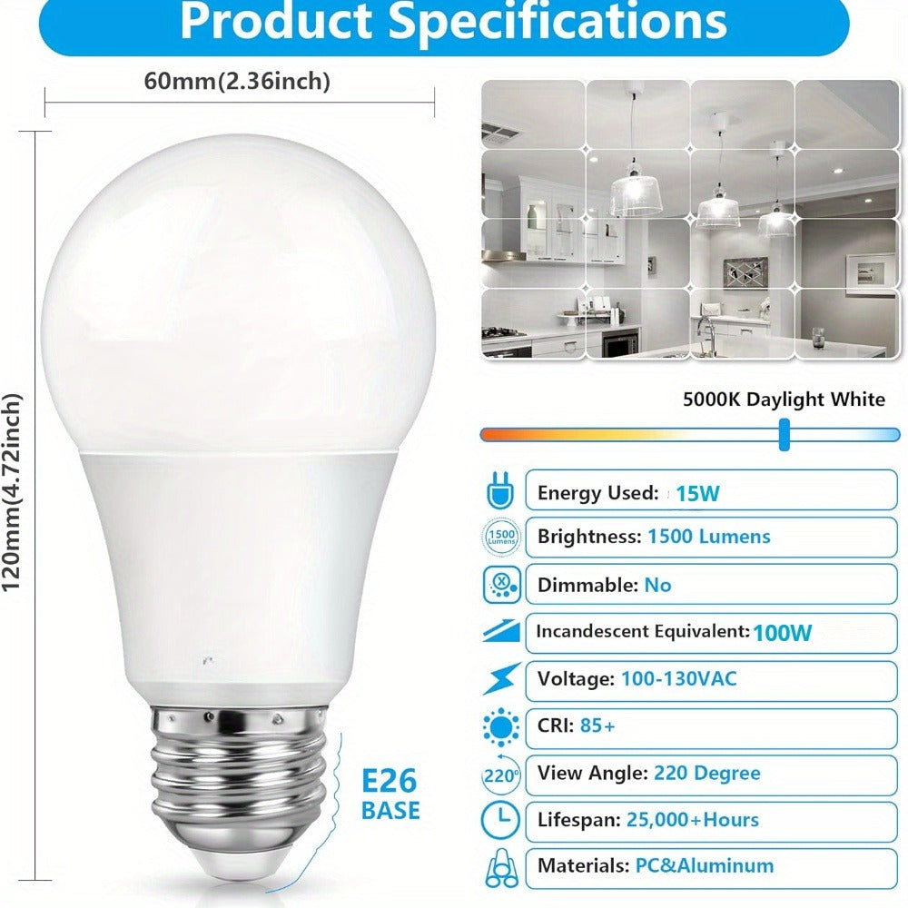 A19 LED Light Bulbs with E26 Base, 15W 1500-Lumen Rating and 5000K Daylight in 4-, 12- or 24-Pack Options