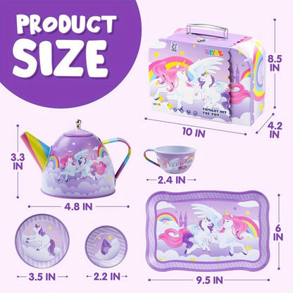 Purple Unicorn Tin Tea Set in Carry Case with Teapot, Four Cups, Four Saucers and Five Plates