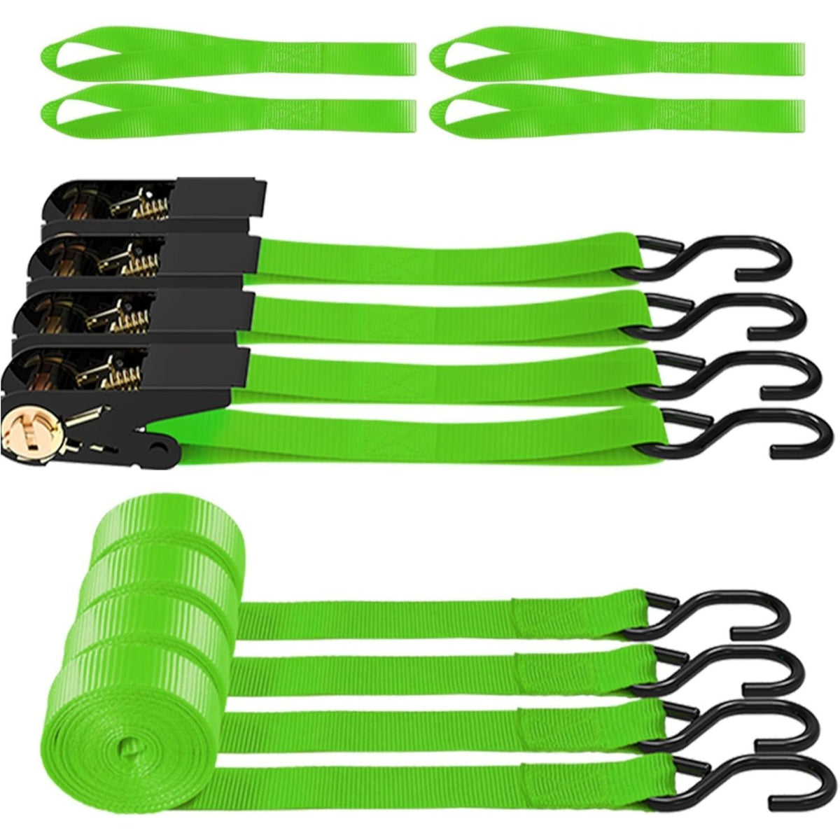 Ratchet Tie Down Straps 4-Pack 15FT 1,500 lb Break Strength Heavy Duty with Soft Loops & Storage Bag – High-Visibility Webbing for Motorcycle ATV Kayak Truck Bed Trailer Roof Rack