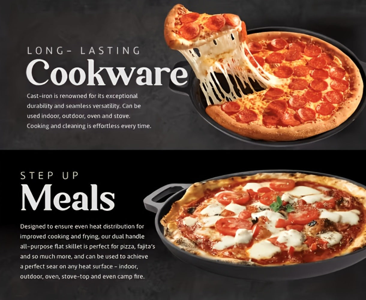 28cm Cast Iron Skillet with Dual Loop Handles and Broad Round Cooking Surface for Oven, Grill or Campfire Use