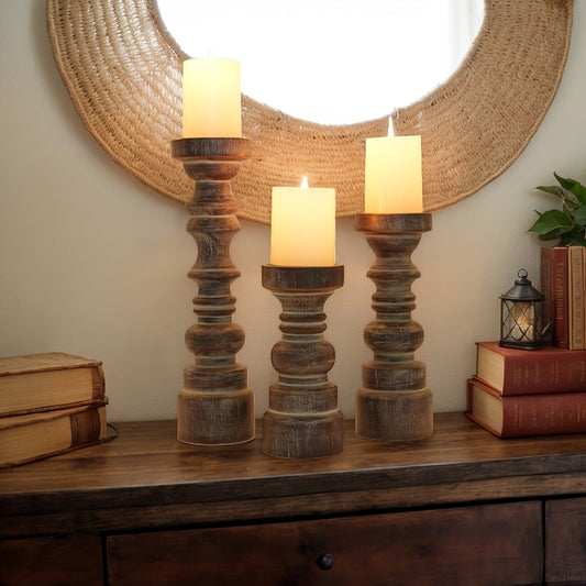 Candle Holder Set of 3 Graduated Brown Wood Pillar Stands with Turned Farmhouse Profiles for Tabletop Displays