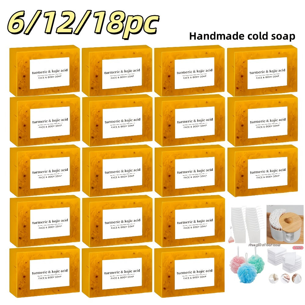 Kojic Acid Soap Set with Turmeric & Lemon – Handmade Cold-Processed Brightening Bars for Face & Body, Deep Cleansing & Hydrating, All Skin Types, Includes Foaming Net & Bath Tools
