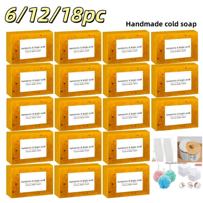 Kojic Acid Soap Set with Turmeric & Lemon – Handmade Cold-Processed Brightening Bars for Face & Body, Deep Cleansing & Hydrating, All Skin Types, Includes Foaming Net & Bath Tools