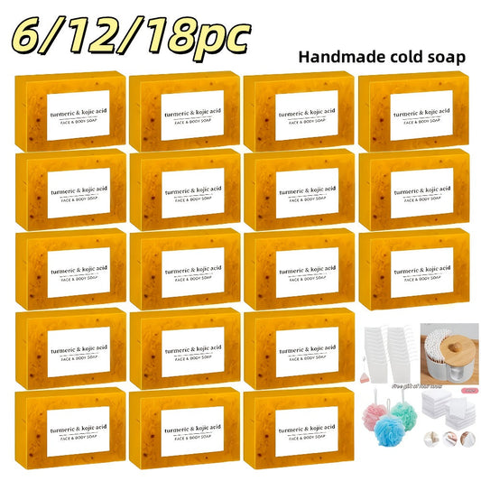 Kojic Acid Soap Set with Turmeric & Lemon – Handmade Cold-Processed Brightening Bars for Face & Body, Deep Cleansing & Hydrating, All Skin Types, Includes Foaming Net & Bath Tools