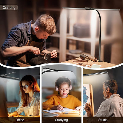 Dual-Head LED Desk Lamp with 28-Inch Light Bars, Clamp Base, USB Controller and Three Color Modes