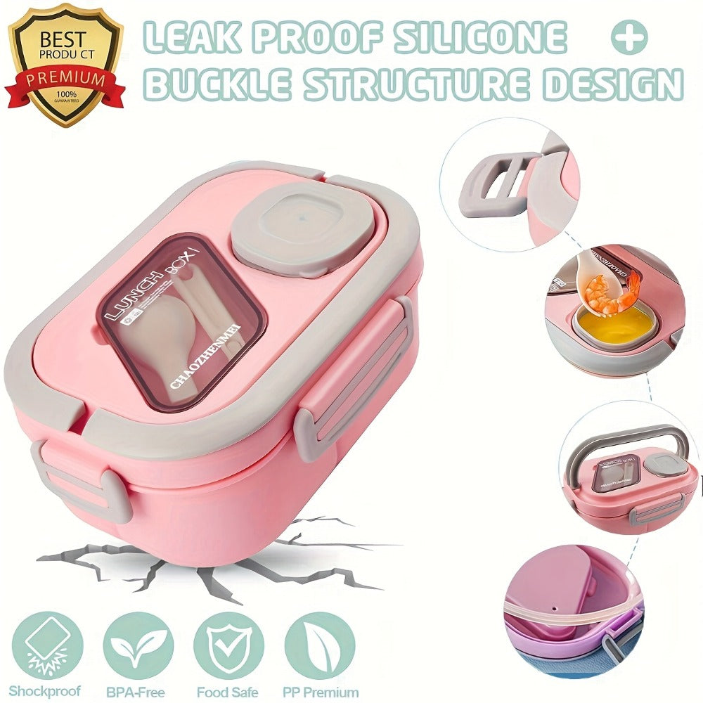 Two-Layer Bento Box Set with Multiple Compartments, Cup, Carry Bag, Cutlery and Sauce Container