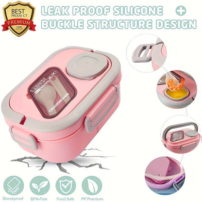 Two-Layer Bento Box Set with Multiple Compartments, Cup, Carry Bag, Cutlery and Sauce Container