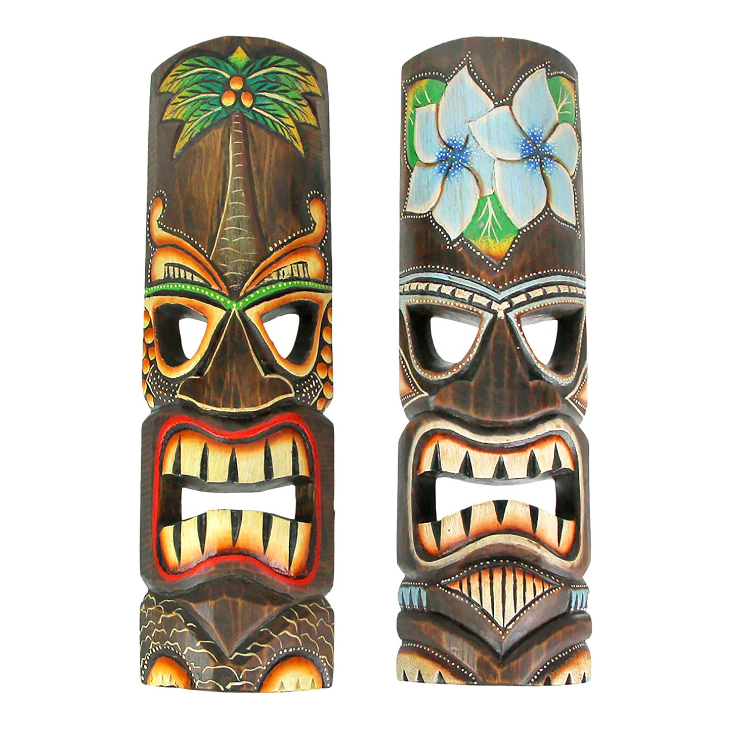 Two-Piece Multicolored Tropical Wall Mask Set with Pictured Palm and Flower Motifs and Carved-Look Details