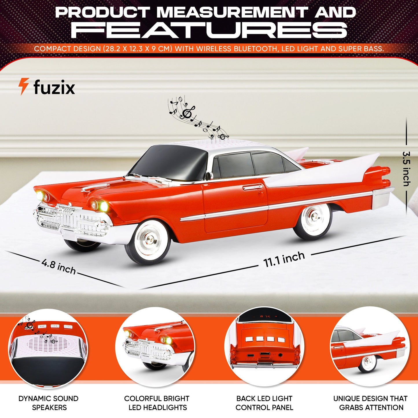 Portable Bluetooth Speaker Fuzix WS-1965 Retro Car with LED Lights, Mic, FM, AUX, USB and TF