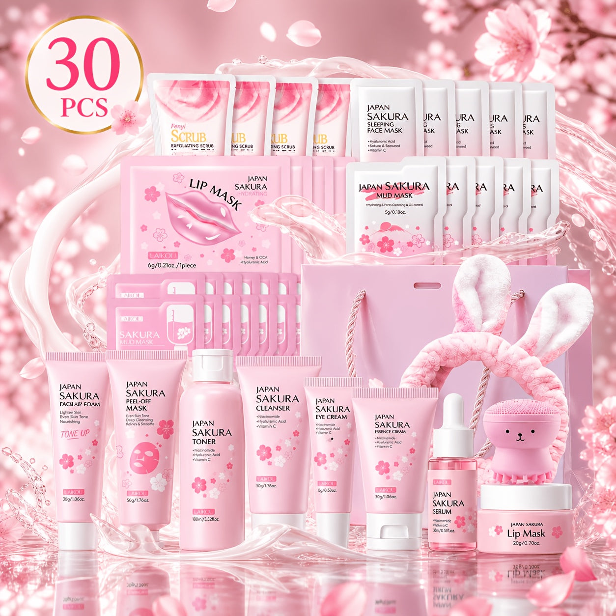 Hyaluronic Acid Sakura Skincare Set 30pcs Gentle Cleansing Deep Moisturizing Hydrating Facial Eye Care with Cleansing Brush Hairband Luxury Gift for Women