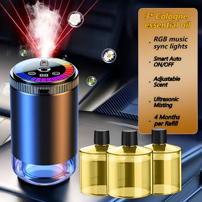 Car Aromatherapy Diffuser with Dynamic Light Show & Starry Sky Mode – Adjustable Scent Intensity, USB Rechargeable, Eliminates Odors, Gardenia, Lavender, Marine & Cologne Scents