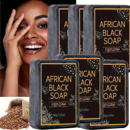 African Black Bar Soap in Three- or Six-Bar Packs with 100g Labels and Coconut, Olive and Shea Ingredients