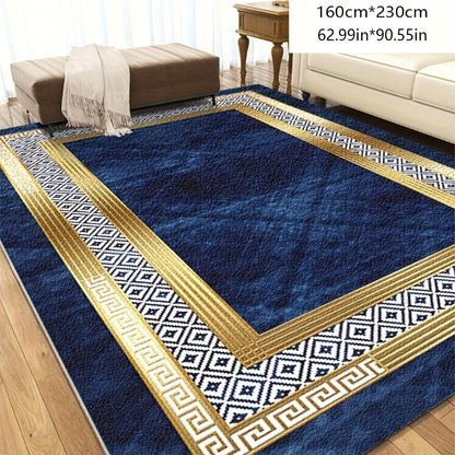 Navy Blue and Gold Geometric Area Rug with Four Exact Rectangular Size Options for Living Spaces