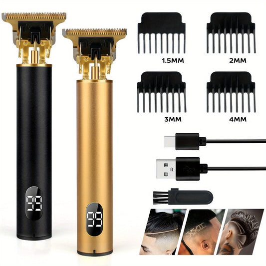T-Blade Trimmer for Men Cordless Rechargeable - Nano Titanium Alloy Blades LED Display 4 Guide Combs 1.5-4mm - Pro Electric Hair Clipper for Hairline Fade Outline Beard Sculpting Black & Gold