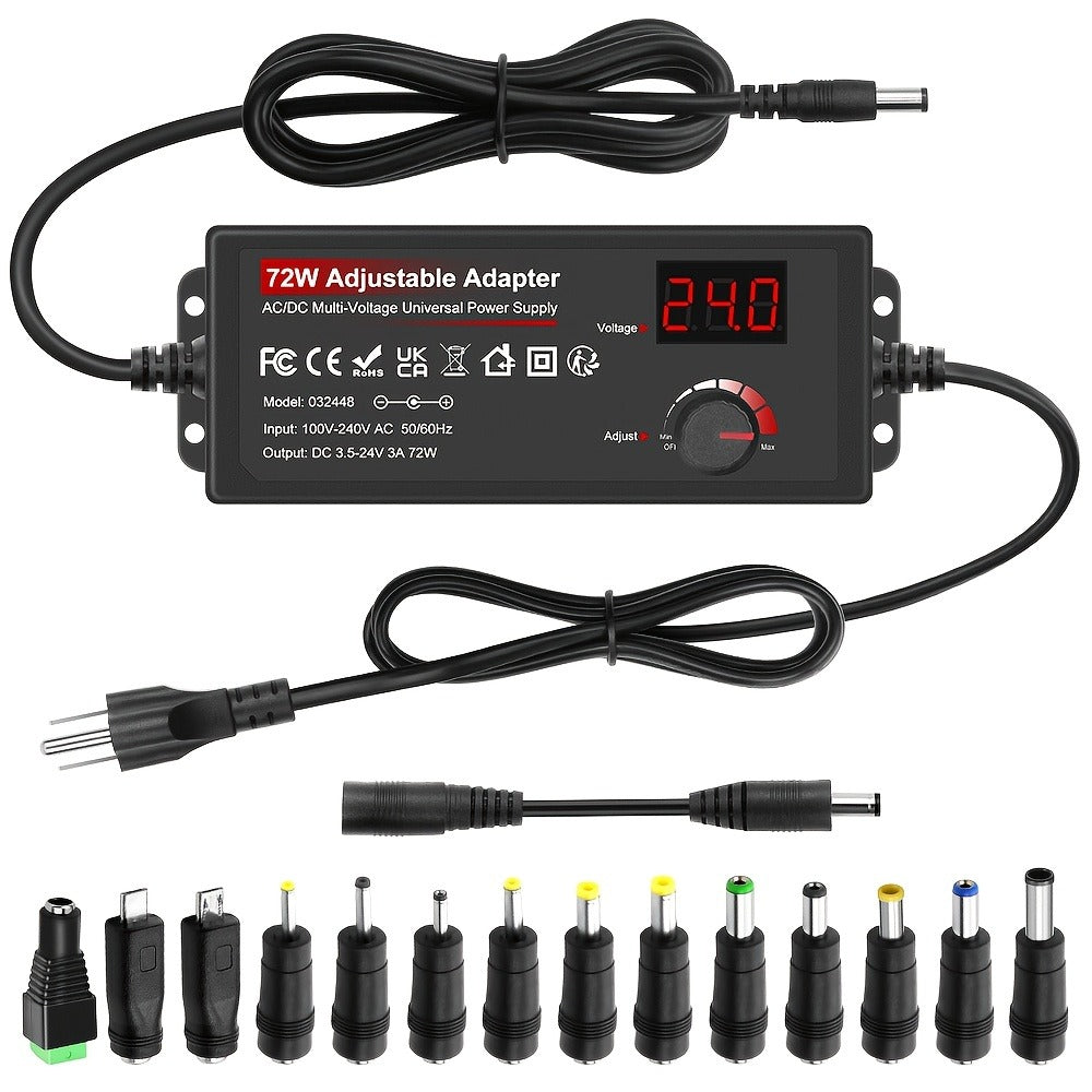 Adjustable 3–24V AC/DC Power Adapter with 72W Label, LCD Readout, Knob Control and Connector Set