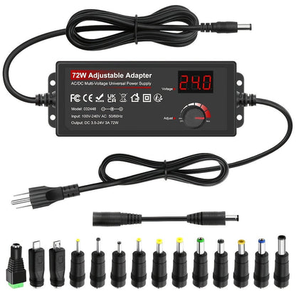 Adjustable 3–24V AC/DC Power Adapter with 72W Label, LCD Readout, Knob Control and Connector Set