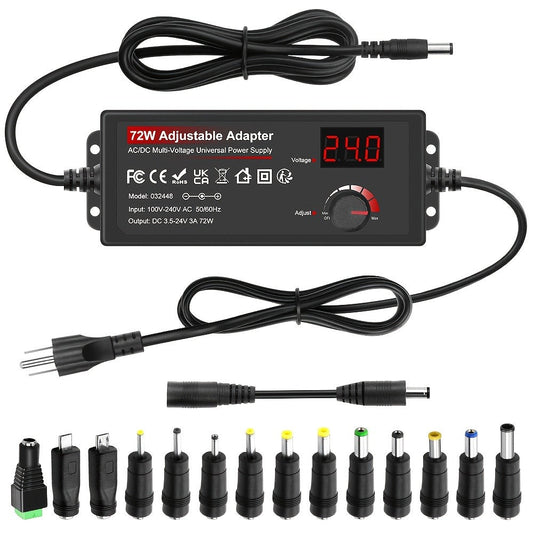 Adjustable AC to DC Power Adapter 72W - 3-24V Variable Power Supply with LCD Voltage Display, Knob Control, 15 Interchangeable Tips, Overvoltage & Short Circuit Protection, 100-240V Universal Input