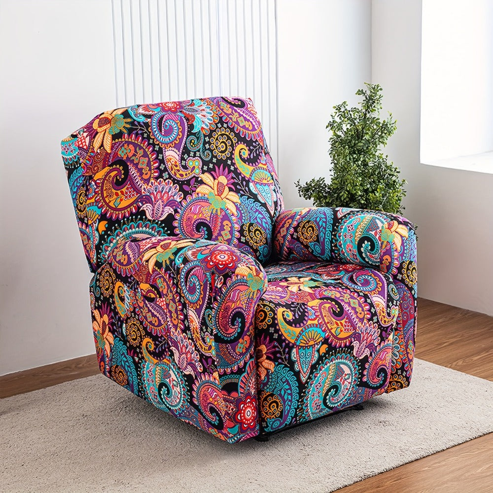 Chair Cover Four-Piece Printed Recliner Slipcover with Side Pockets in Ten Available Pattern Choices