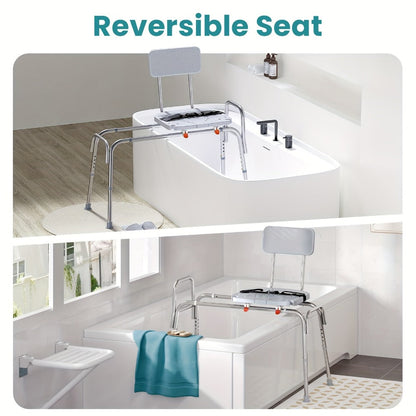 Sliding Bathtub Transfer Bench with Reversible Grey Seat, Safety Rail, Backrest and Adjustable Legs