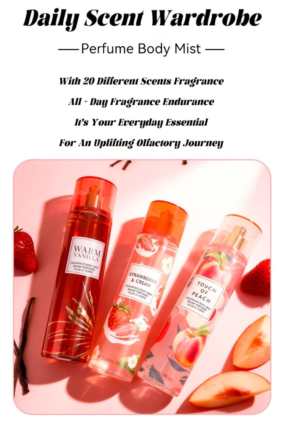 Body & Hair Fragrance Mist for Women 2pcs Set L1ong Lasting Fruity Perfume Spray 8 fl oz Pineapple Coconut Peach Strawberry Watermelon Scents Daily Dating Party Gift