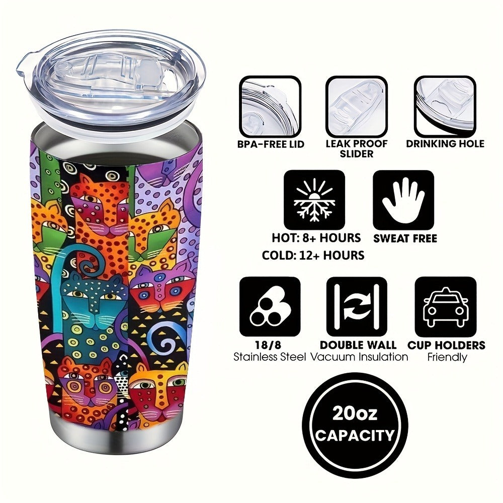 Cat Tumbler 20oz Abstract Cat Graphic Stainless Steel Insulated Cup with Lid & Straw Travel Coffee Mug Hot Cold Drinks Gift for Cat Lovers Birthday Mother's Day