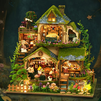 Wooden Forest Hut Miniature Model Kit with Multi-Level Cabin Scene, Lighting Details and Forest Adventures Label