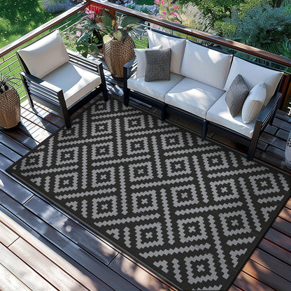 Reversible Outdoor Rug in Multiple Geometric, Border and Leaf Patterns with Displayed Sizes from 5 x 8 to 9 x 12 Feet