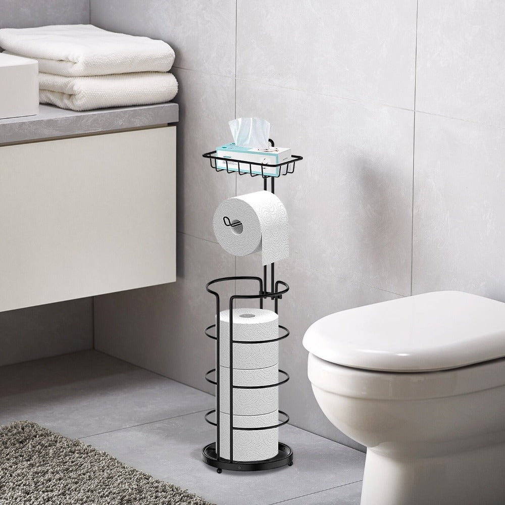 Toilet Paper Holder Floor Standing with Shelf 4-Roll Storage Rack Freestanding Bathroom Paper Organizer for Bathroom Bedroom Balcony Courtyard Black 1 or 2 Pack