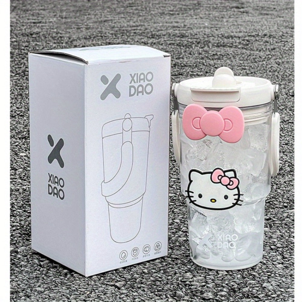 Hello Kitty Water Bottle with Straw 30 Oz – Large Capacity Cartoon Tumbler for Women & Girls – Portable Outdoor Sports Cup with Bow & Sticker – Cute Kawaii Plastic Drinkware Gift