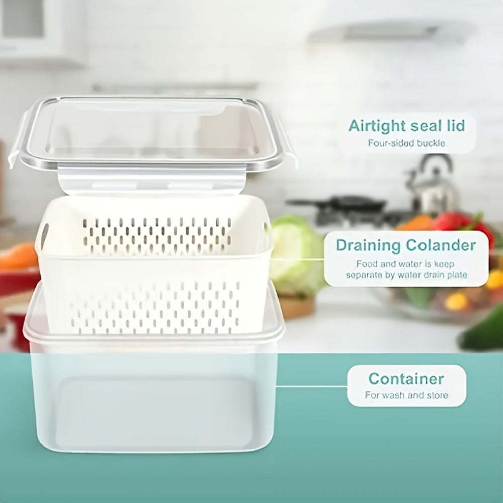 Food Storage Containers Set 6pcs BPA Free Plastic with Drain Baskets and Lids Leak Proof Freezer Safe Reusable for Fruits Vegetables Meal Prep Kitchen Organizer