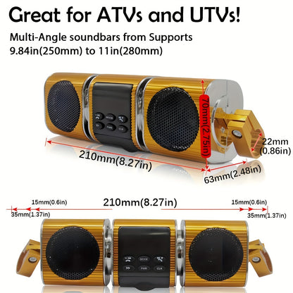 Motorcycle Bluetooth Speaker Sound Bar with Built-in Amplifier – IPX5 Waterproof, FM Radio, USB & AUX Input, 12V Metal MP3 Player for Handlebar, ATV, Scooter & Off-Road Bike
