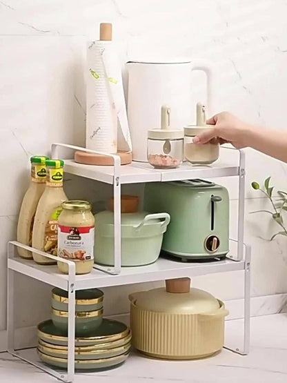 Expandable Cabinet Shelf Organizer Riser for Home Cooking, Dining and Outdoor Meals, with the Listed Configuration