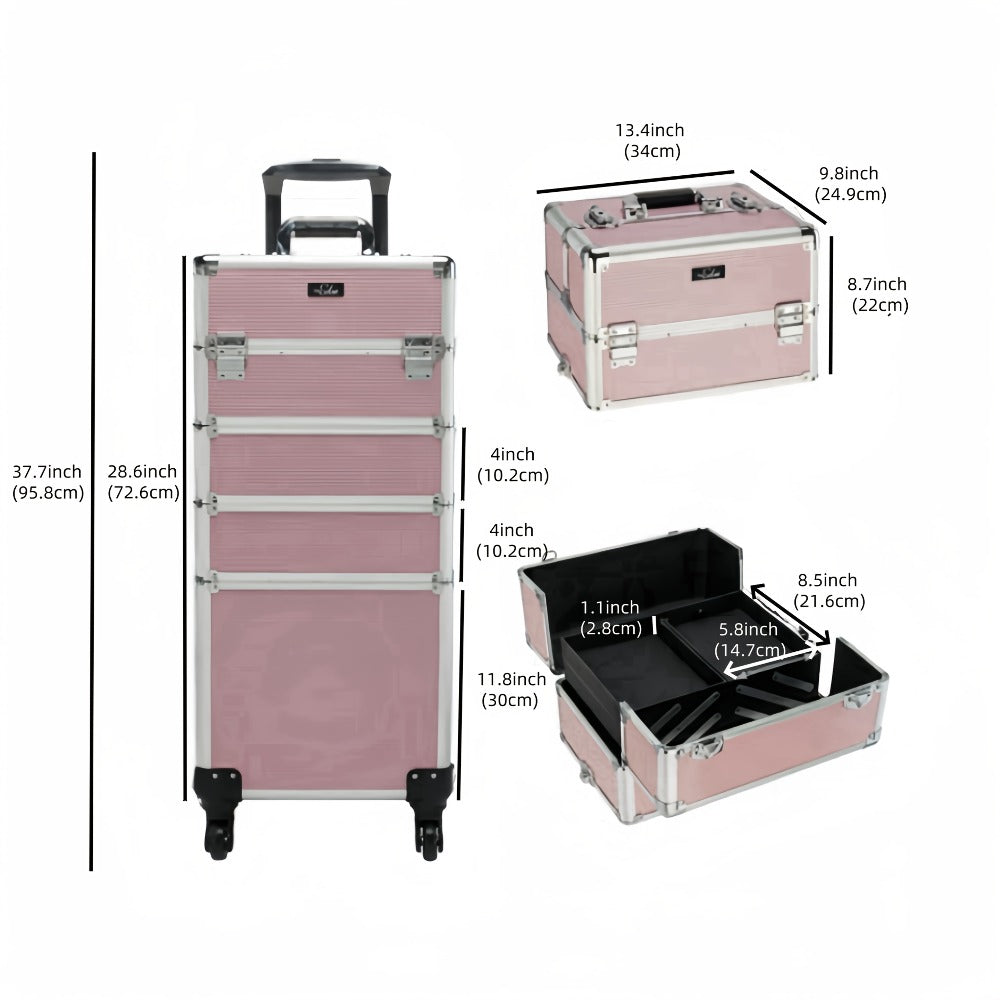Four-Section Rolling Makeup Train Case with Removable Stack, Telescoping Handle and Four Color Finishes