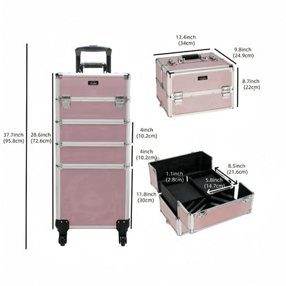 Four-Section Rolling Makeup Train Case with Removable Stack, Telescoping Handle and Four Color Finishes