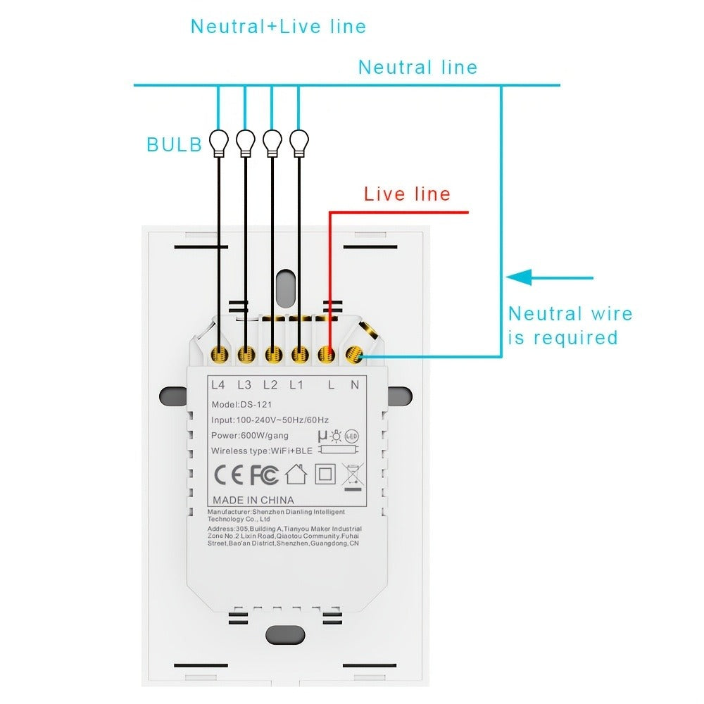 White Glass WiFi and Bluetooth Touch Wall Switch with One- to Four-Gang US-Style Options and Neutral-Wire Wiring
