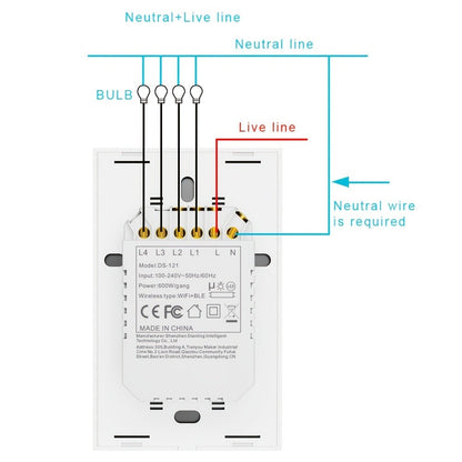 White Glass WiFi and Bluetooth Touch Wall Switch with One- to Four-Gang US-Style Options and Neutral-Wire Wiring